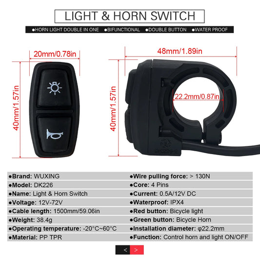 Ebike Light and Horn Switch, Headlight, Electric Bike, Scooter, Front, Tail, Rear, Warning Lights, Parts, Accessories, 12V-72V