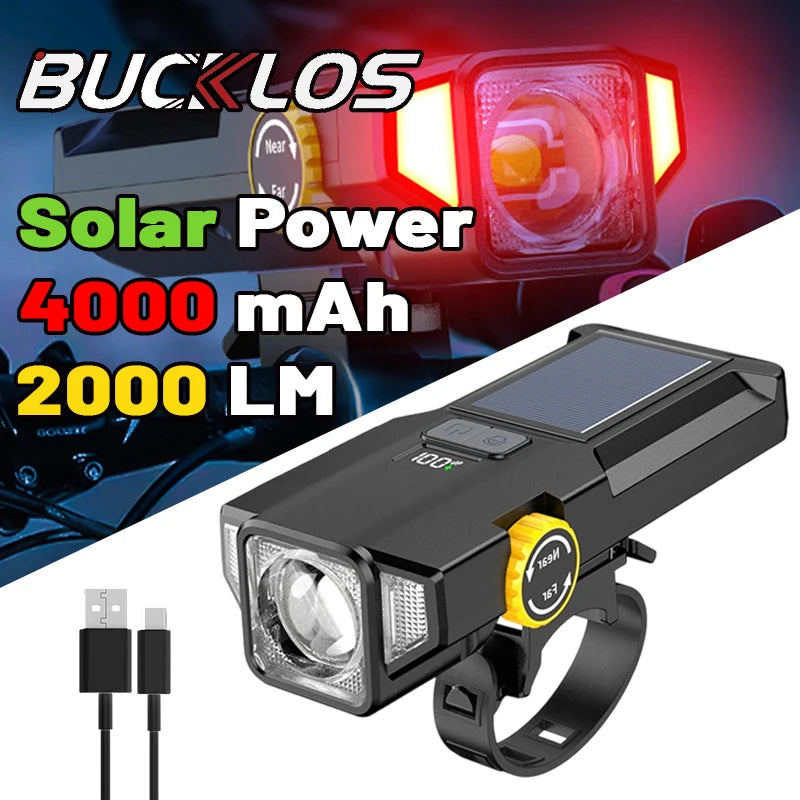 4000mAh Bike Light 2000LM Zoom Bicycle Front Light Solar Power Highlight LED Light with COB Red Side Lamp Durable Cycling Lights