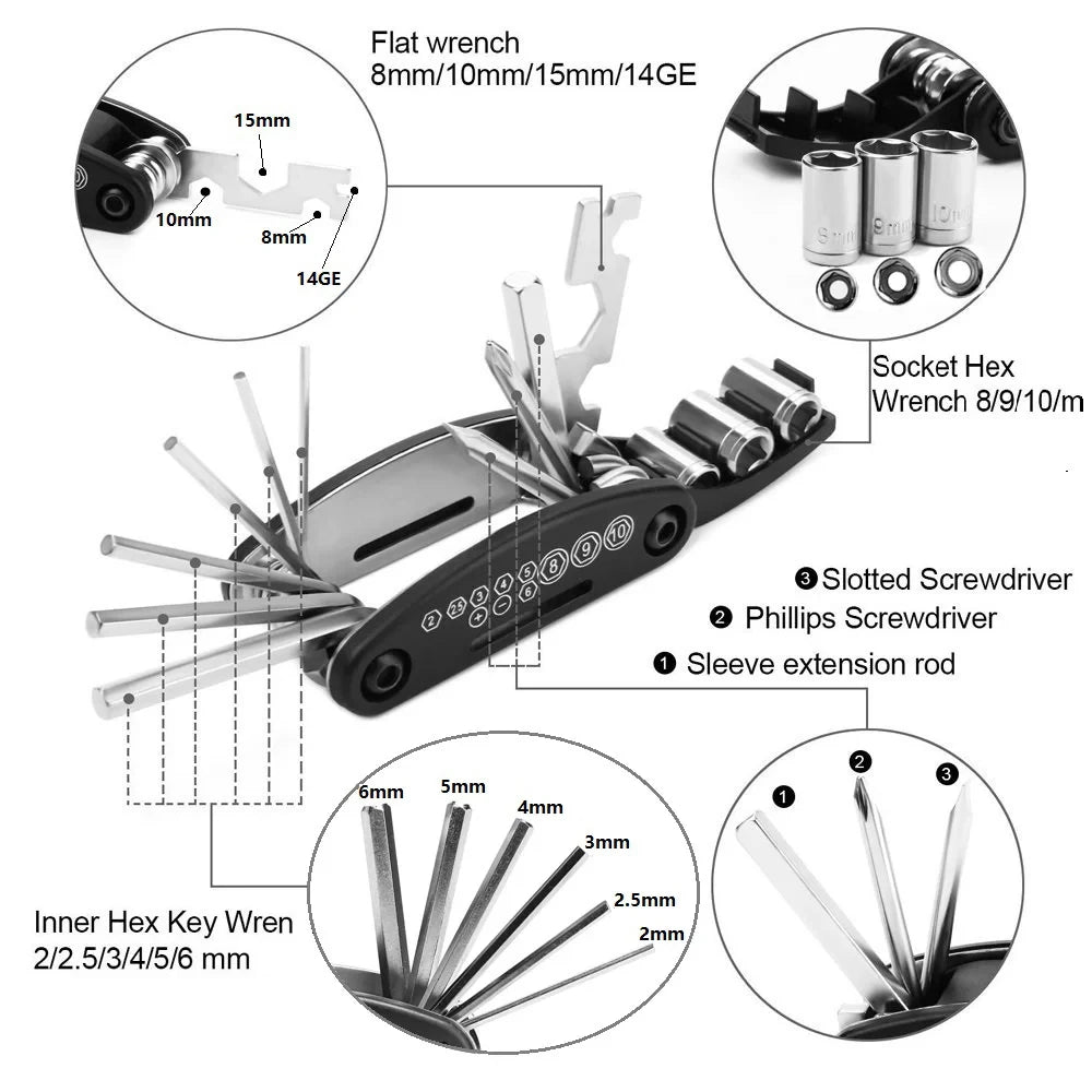 Vridezone 16-in-1 Folding E-Bike Repair Multitool Kit