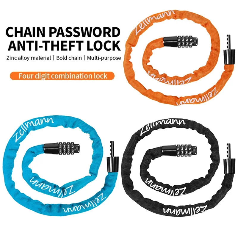 Buckleos chain password anti-theft lock with orange, blue, and black options on a white background.