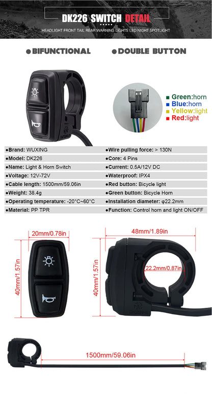 Ebike Light and Horn Switch, Headlight, Electric Bike, Scooter, Front, Tail, Rear, Warning Lights, Parts, Accessories, 12V-72V