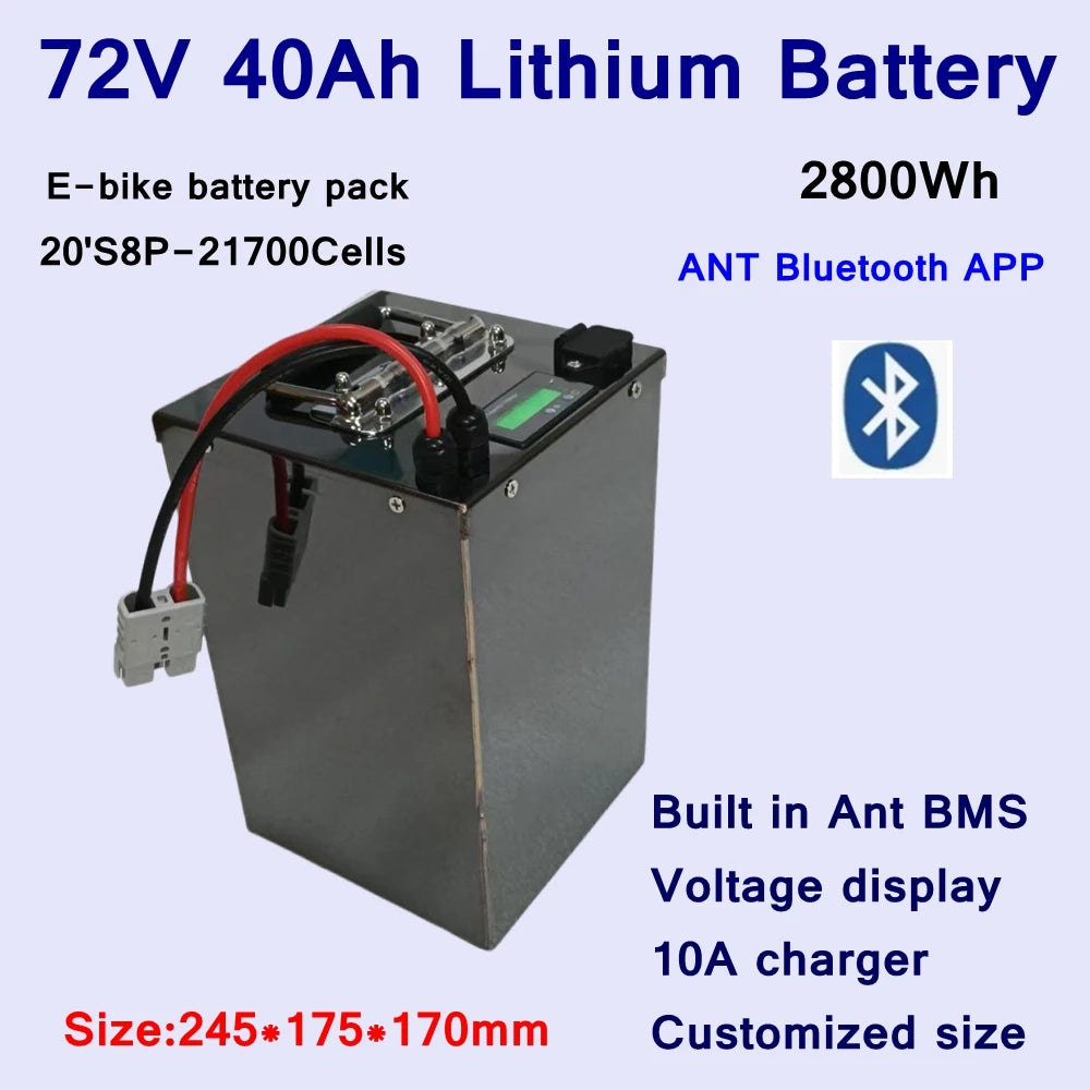 E-bike Batterie Lithium ion 72V, 40Ah avec BMS Bluetooth, for E-bike Scooter, Moto, avec Charger 84V10A, 5000/3000W/14KW/20KW