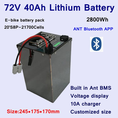 E-bike Batterie Lithium ion 72V, 40Ah avec BMS Bluetooth, for E-bike Scooter, Moto, avec Charger 84V10A, 5000/3000W/14KW/20KW