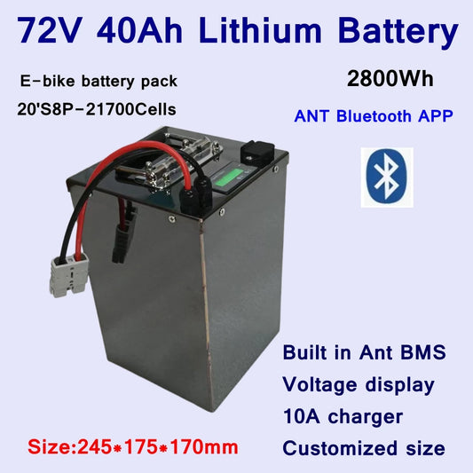 E-bike Batterie Lithium ion 72V, 40Ah avec BMS Bluetooth, for E-bike Scooter, Moto, avec Charger 84V10A, 5000/3000W/14KW/20KW
