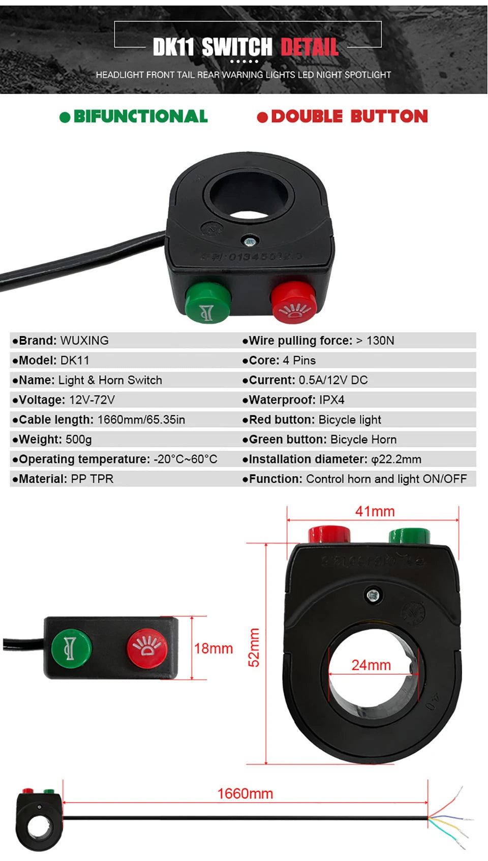 Ebike Light and Horn Switch, Headlight, Electric Bike, Scooter, Front, Tail, Rear, Warning Lights, Parts, Accessories, 12V-72V