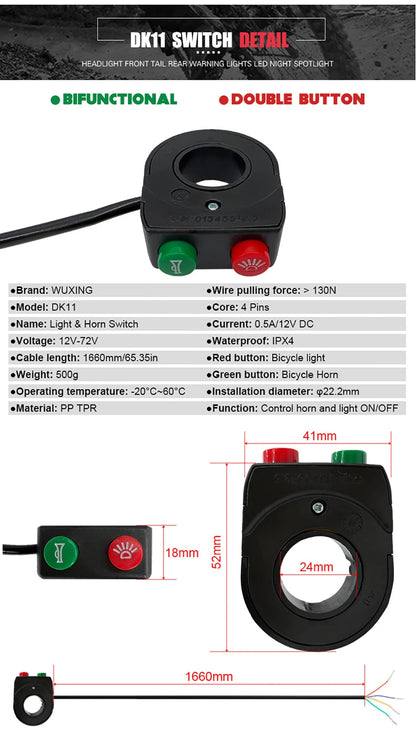 Ebike Light and Horn Switch, Headlight, Electric Bike, Scooter, Front, Tail, Rear, Warning Lights, Parts, Accessories, 12V-72V