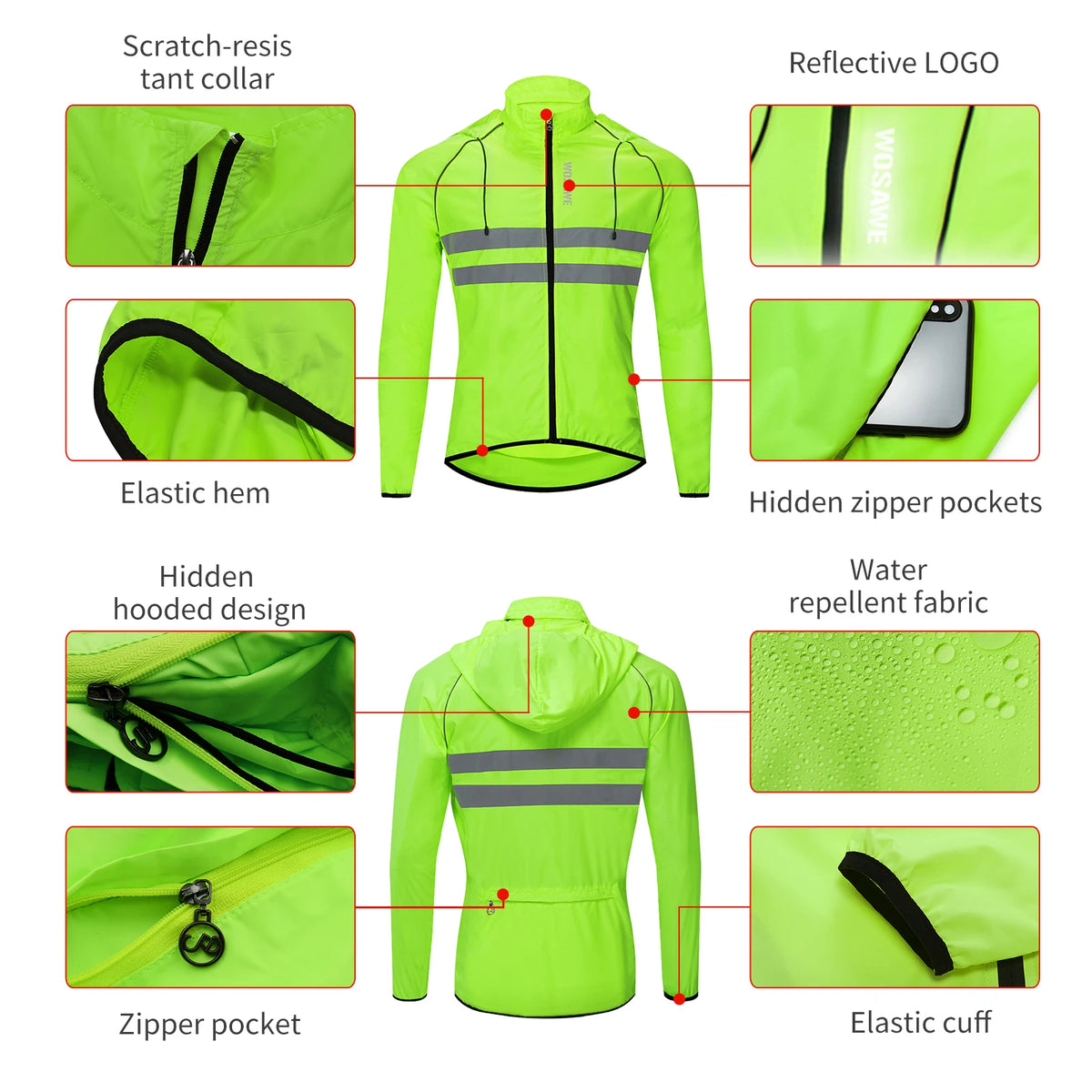 WOSAWE Ultralight Men's Cycling Windbreaker Reflective Jacket Windproof Water Resistant MTB Road Bicycle Long Jersey Wind Coat