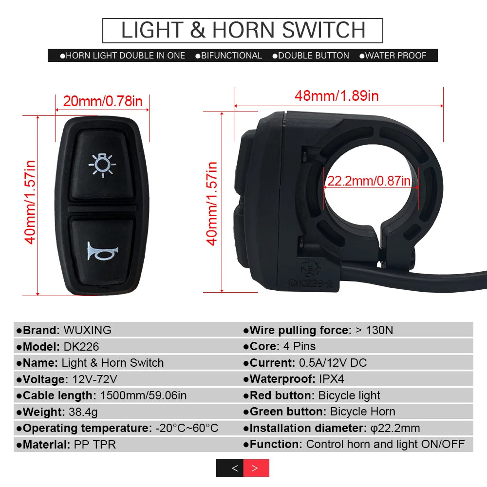 Ebike Light and Horn Switch, Headlight, Electric Bike, Scooter, Front, Tail, Rear, Warning Lights, Parts, Accessories, 12V-72V