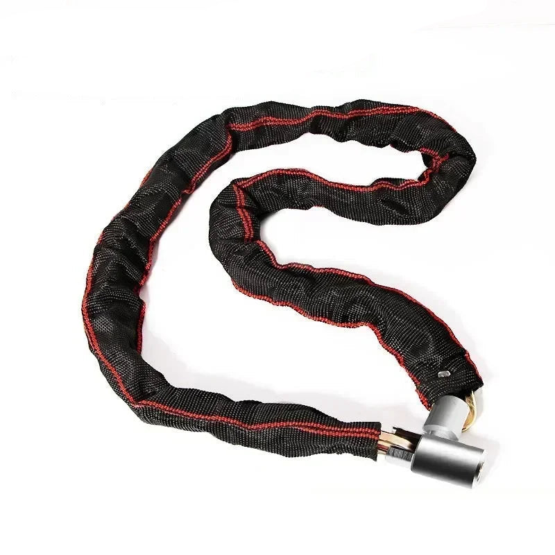 Black chain lock with red accents on a white background