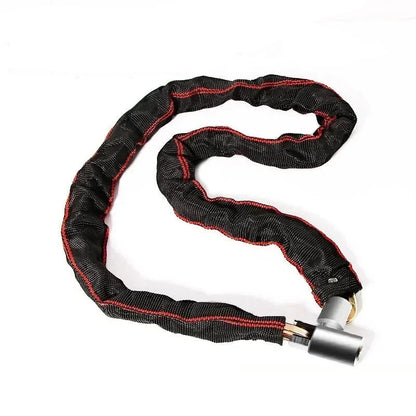 Black chain lock with red accents on a white background