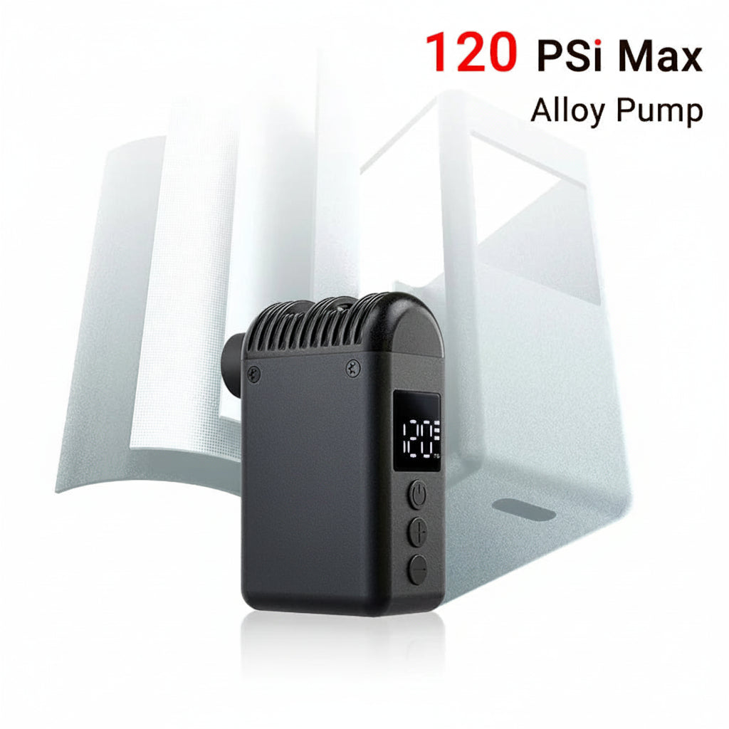 A black CYCLAM! alloy pump air compressor with a digital display screen and three control buttons, shown in front of a white metal mounting bracket. The image includes text overlays reading '120 PSI Max Alloy Pump' at the top right.