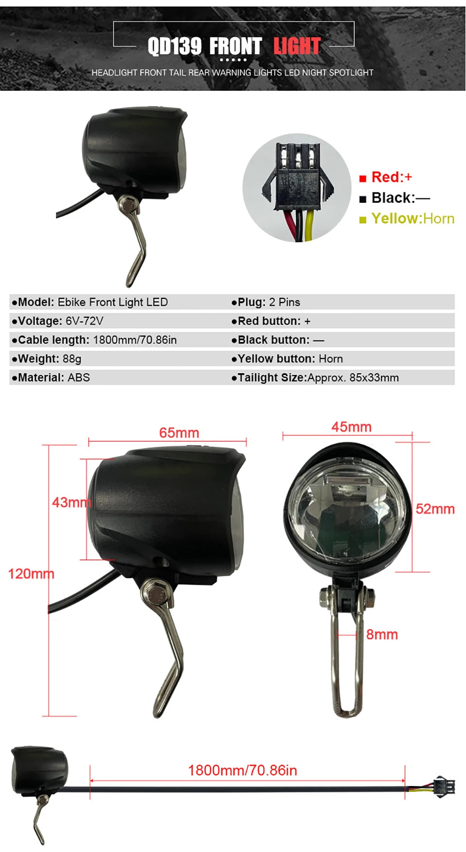 Ebike Light and Horn Switch, Headlight, Electric Bike, Scooter, Front, Tail, Rear, Warning Lights, Parts, Accessories, 12V-72V