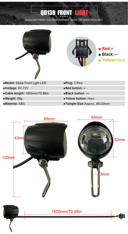 Ebike Light and Horn Switch, Headlight, Electric Bike, Scooter, Front, Tail, Rear, Warning Lights, Parts, Accessories, 12V-72V