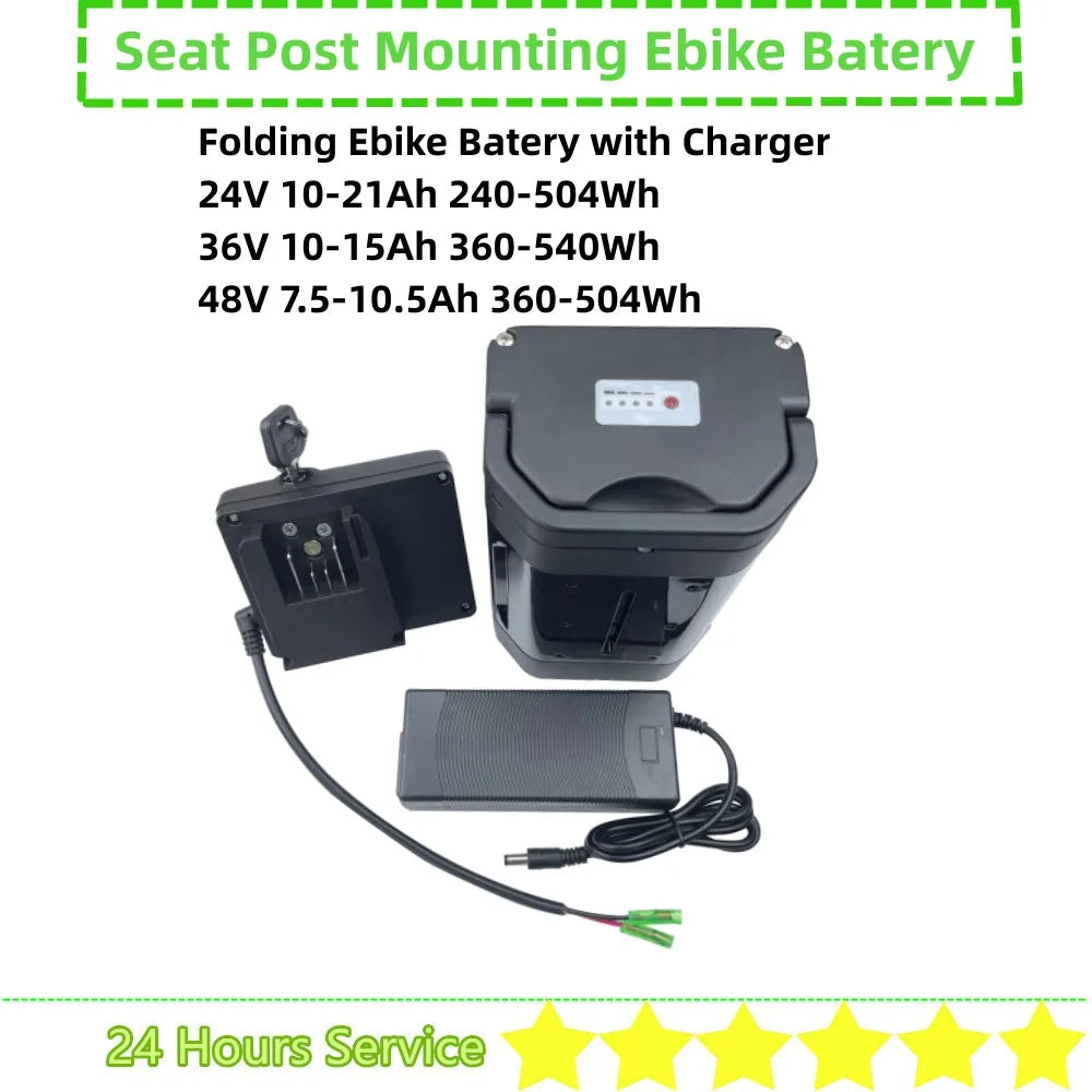 Folding Ebike City Bike Trike Ebike Battery 36V 10Ah 12.8Ah 14Ah 48V 10Ah 24V 10Ah Seat Post Mounting Battery with Charger