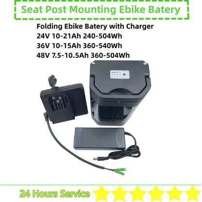 Folding Ebike City Bike Trike Ebike Battery 36V 10Ah 12.8Ah 14Ah 48V 10Ah 24V 10Ah Seat Post Mounting Battery with Charger
