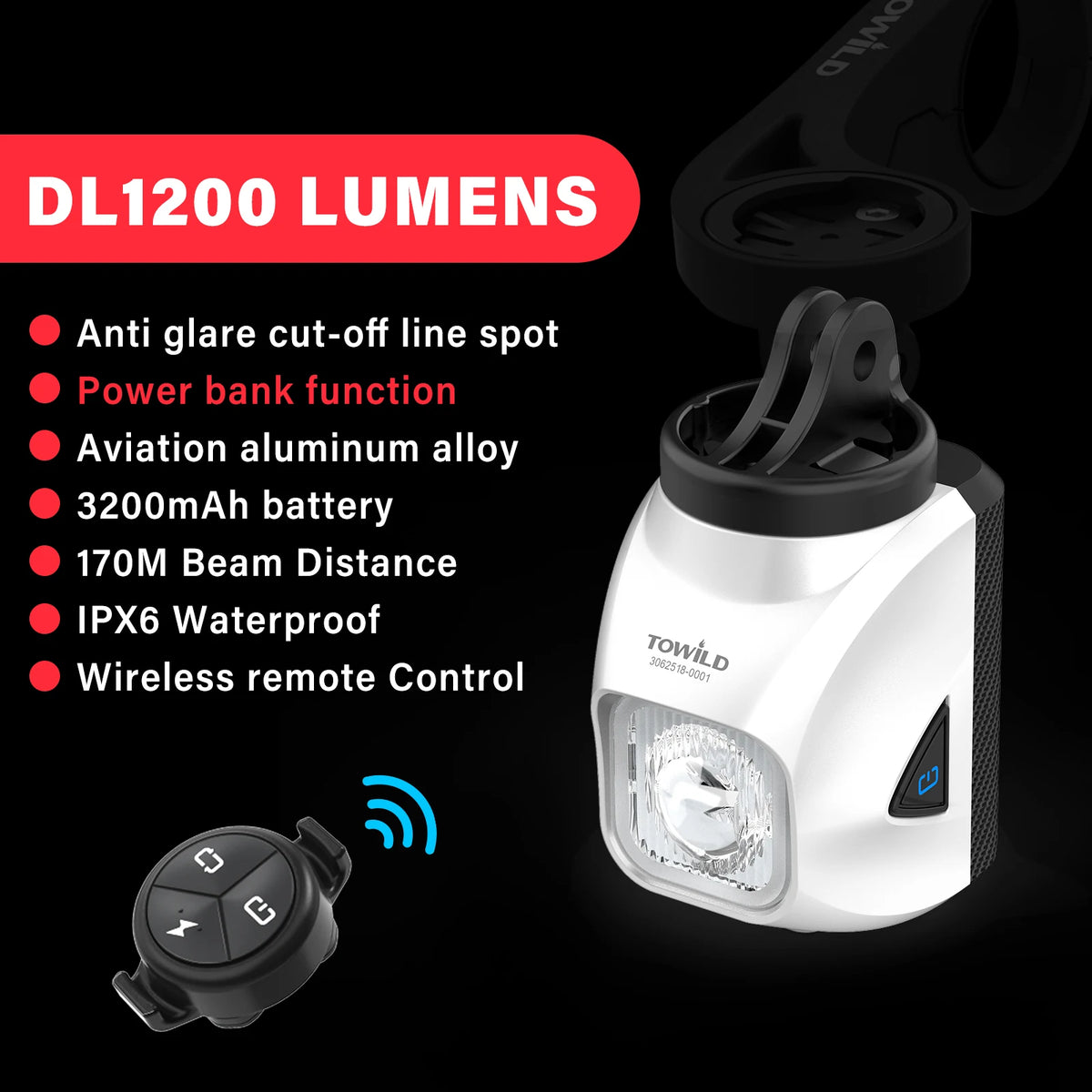 TOWILD DL1200S/DL1700 Bicycle Light With Cut-Off Line Beam1900LM Rechargeable Bike Front Light Power Bank Mtb Cycling Headlights