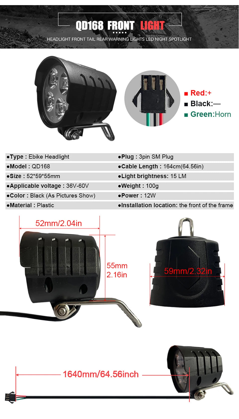 Ebike Light and Horn Switch, Headlight, Electric Bike, Scooter, Front, Tail, Rear, Warning Lights, Parts, Accessories, 12V-72V