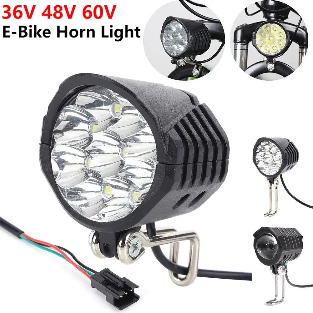 E-Bike Horn Light 36V 48V 60V Electric 9LED Bicycle Headlight 18W 2in1 Horn and Light Switch Scooter Safety Bike Flashlight